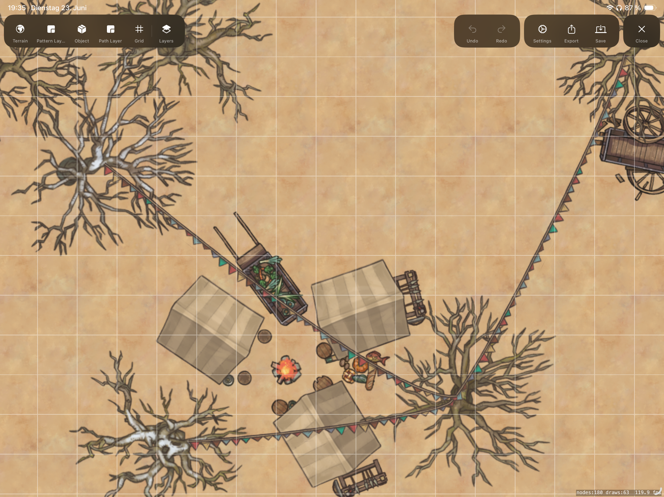 MapMe editor — desert road scene with wagon and camp